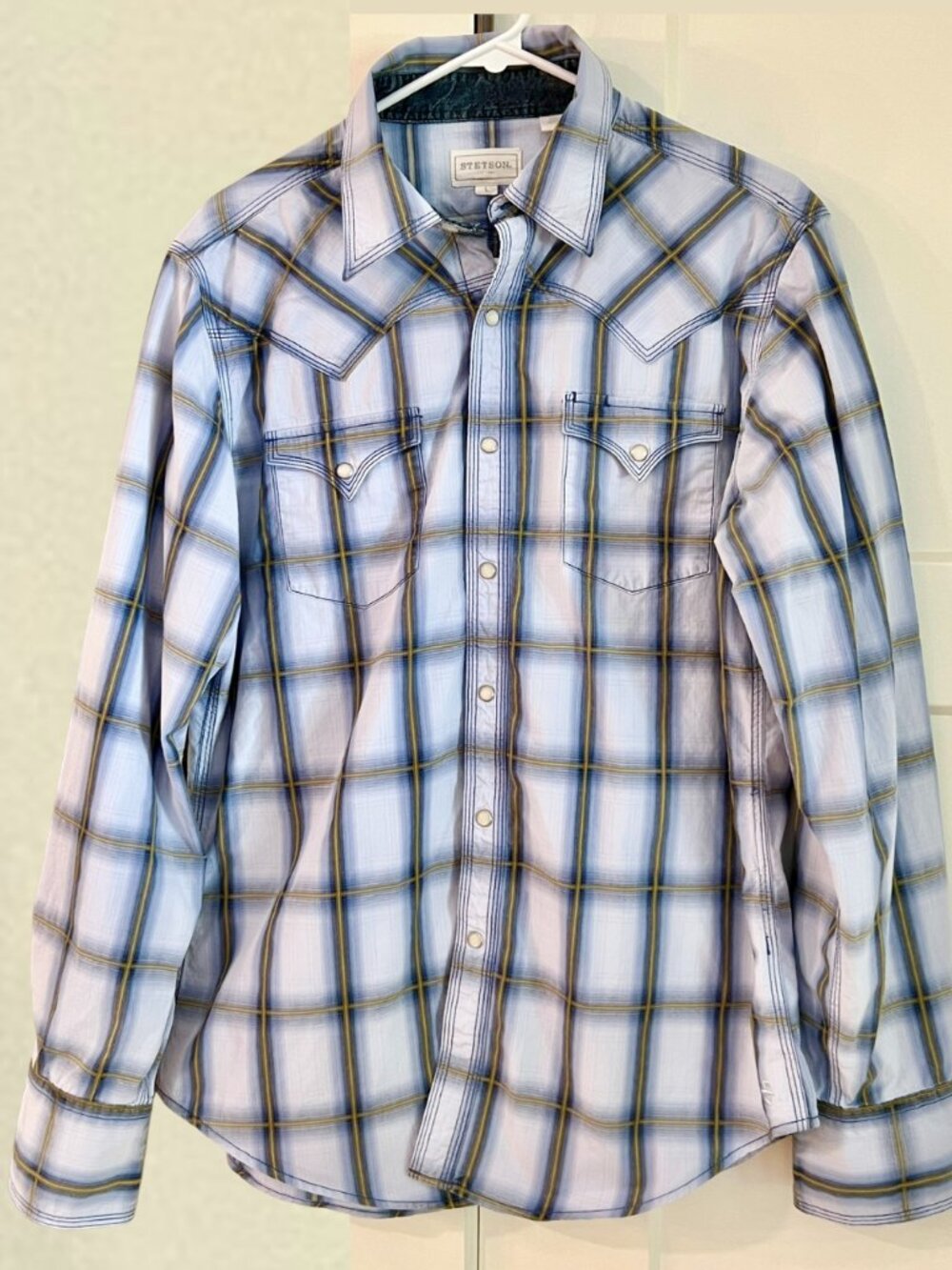 Stetson Western Pearl Snap Shirt L/M Blue Plaid Cotton Triple Stitch Ranch